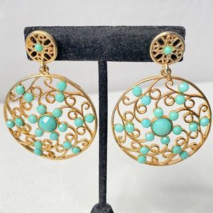 Dangle Drop Dome Earrings Gold Tone Open Work Artic Blue Faceted Studded Stones